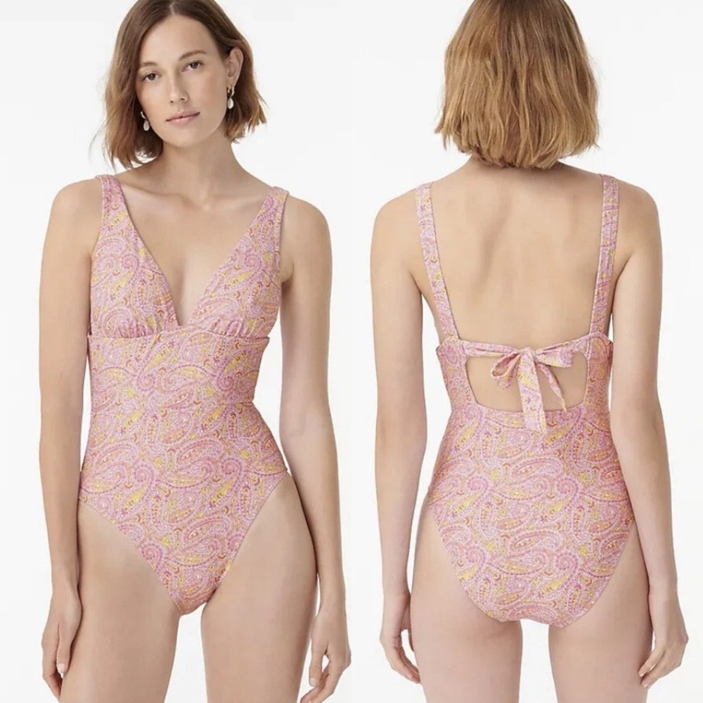 NWT J. Crew Eco Plunge One Piece Swimsuit Beach Paisley Peach Size 12